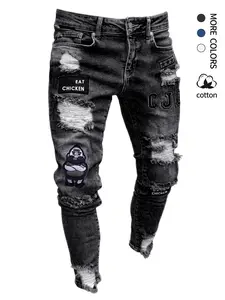 Men’s slim-fit ripped jeans, patch denim, casual fashion jeans, embroidered casual pants, stretchy ripped jeans with embroidery, casual and stylish, comfortable for all seasons, medium stretch fabric