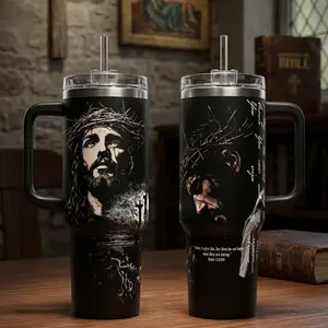 Forgiven Saviour Jesus 40oz Tumbler with Handle | Vintage Catholic Luke 23:34 Custom Cup 20oz No Handle | Gothic Dark Faith Insulated Mug | Christian Religious Spiritual Gift | Cup Holder Friendly