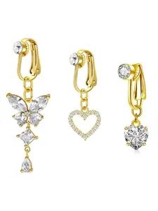3PCS Gold & Silver Tone Butterfly Heart Clip On Fake Belly Button Rings Non Piercing Navel Body Jewelry For Women