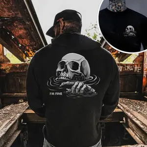 I'M FINE Drowning Skull Black Print Men’s Hoodie Unisex Fashion Soft Fabric ShortSleeve Regular Fit Casual Streetwear Crewneck Graphic Tropical