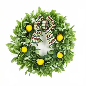 20 Inch Lemon Wreath for Front Door, Spring Summer Wreath with Artificial Yellow Lemon, Lamb Ear Leaves & Bow for Famhouse Porch Home Kitchen Wall Decor