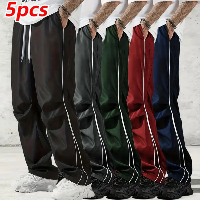 Menswear Outdoor Streetwear Men's Straight-Leg Casual Pants Set - Color Block Side Stripes, Elastic Drawstring Waist, Pockets, All-Season Daily Wear