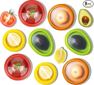 8-Pack Reusable Silicone Storage Boxes, Avocado and Onion Saver for Avocado, Cut Onions, Tomatoes, Garlic, and Leftovers in Fridge (Red/Yellow)