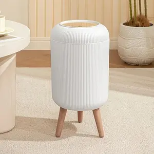 10L Odor-Proof Home Trash Can with Lid, Round Wood Grain Design, Touch-Sensitive On/off, Push-Type Plastic Garbage Bin for Kitchen Bathroom Office
