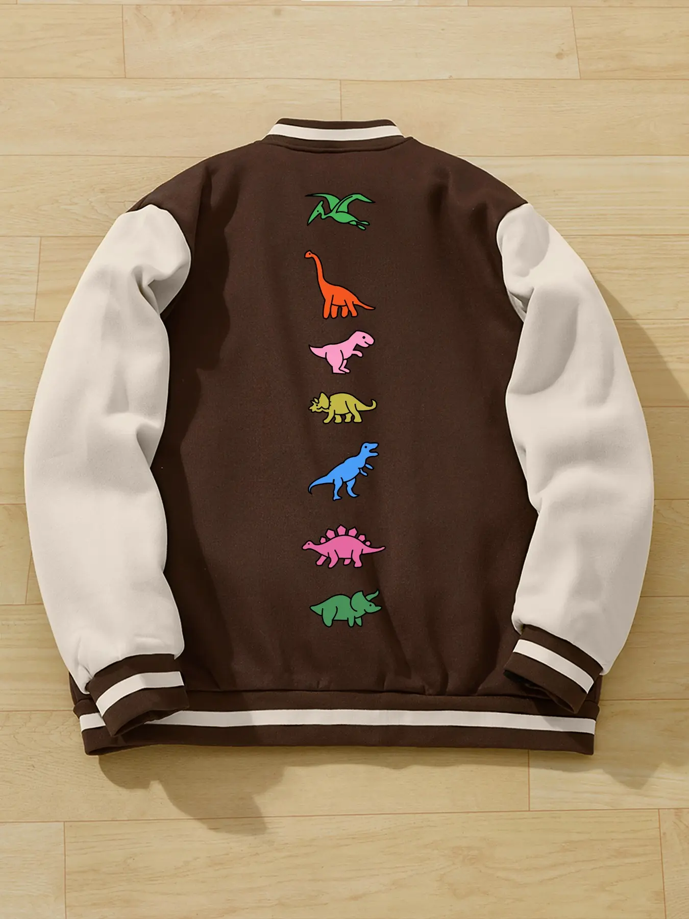 TikMen Men's Dinosaur Print Baseball Jacket, Coats, Tops, Streetwear Outerwear, Casual Streetwear Style, Long Sleeve Colorblock Sleeves, Loose-Fitting, Fall & Winter, Unisex