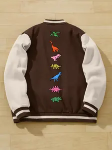 TikMen Men's Dinosaur Print Baseball Jacket, Casual Street Style, Colorblock Sleeves, Loose-Fitting, Fall & Winter, Unisex