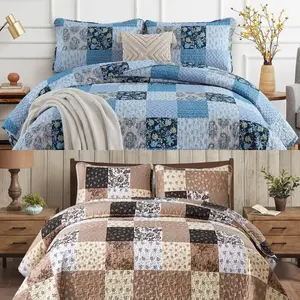 3 Pieces Quilt Set Queen/King Size Plaid Floral Boho Bedspread Coverlet Set Patchwork Pattern Reversible Bedding Set Soft Microfiber Bedspread Set Queen/King for All Season