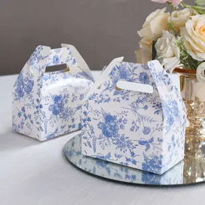 25 Pack White Blue Party Favor Gift Tote Gable Boxes in French Toile Pattern, Candy Treat Boxes - 6"x3.5"x7"