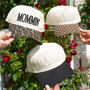Mommin’ Vintage Trucker Hat, Unisex Cotton Snapback Baseball Cap, Tan Embroidery + “Too Busy To Care” Side Embroidery, Adjustable Closure, Year-Round Casual Hat (Black, Cheetah Preorder, Brown Polka Dot)