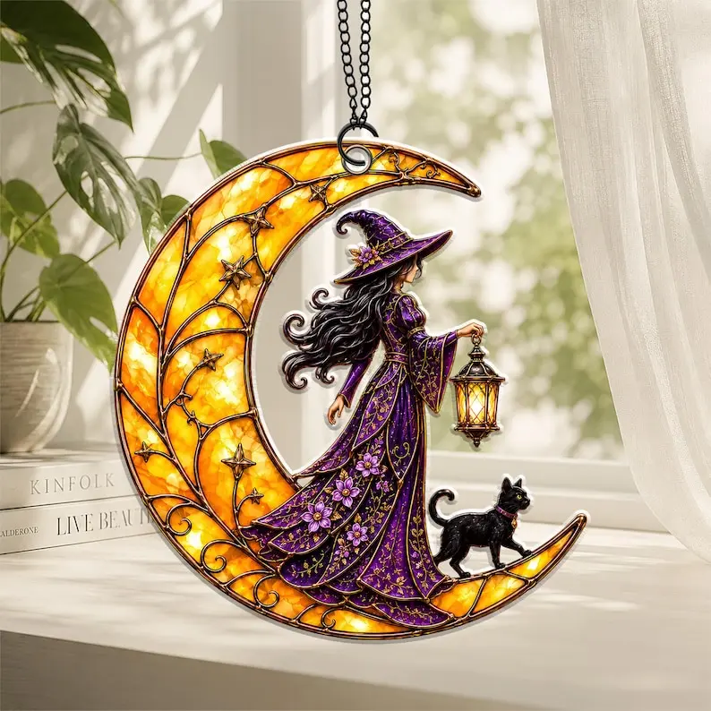 Acrylic Suncatcher Witch Moon Cat, Witch and Black Cat Suncatcher Window Hanging, Acrylic Spooky Decor, Halloween Gift, Witchy Home Decor