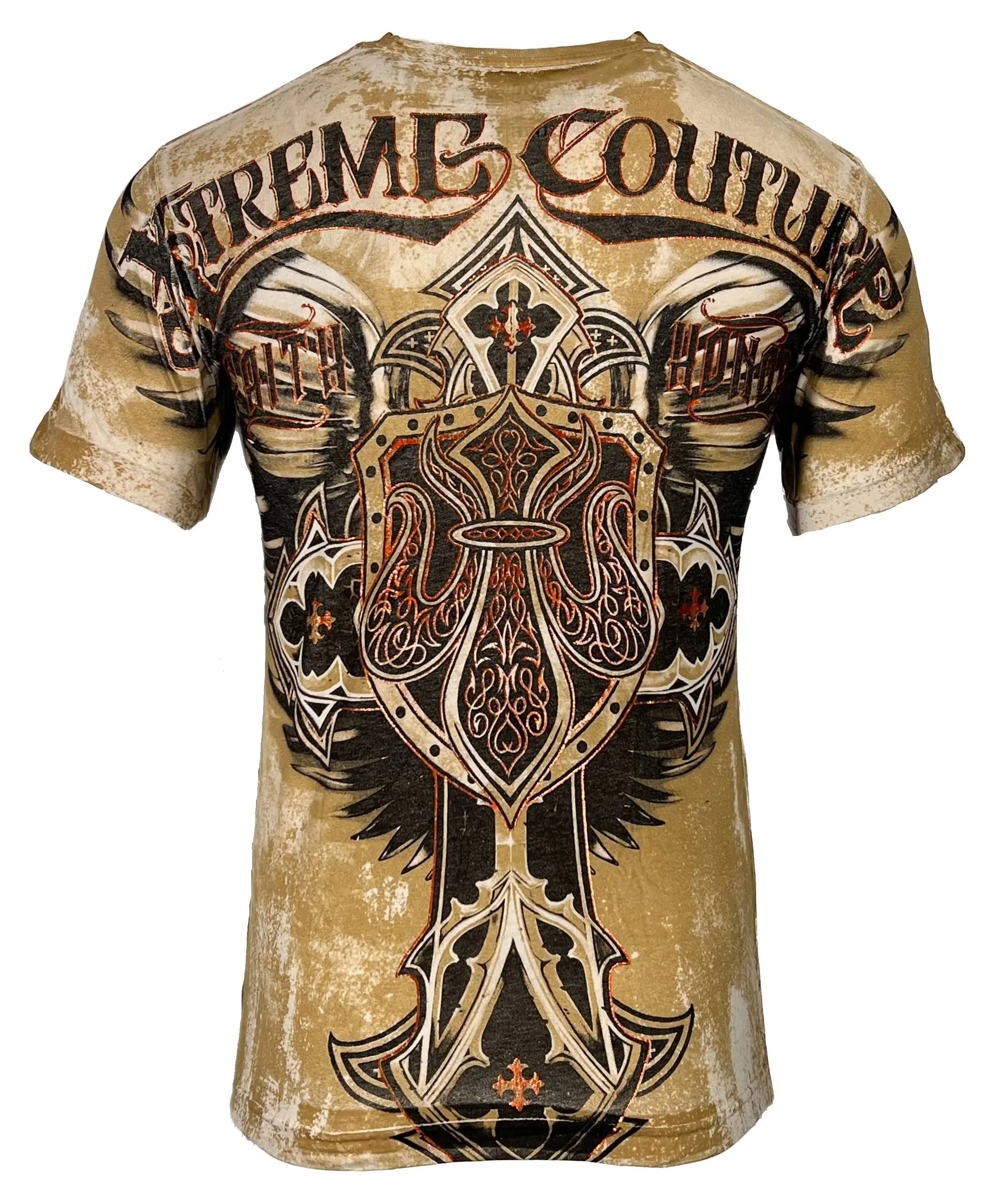Xtreme Couture By Affliction Men's Casual Cotton Short-Sleeve Tshirt, Lockdown Tan Top, Print, Round Neck, Fitted Cut, Biker, Gothic, Printed Front/Back, Lightweight Wear