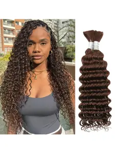 Human Braiding Hair for Boho Braids Unprocessed Human Hair Deep Wave Bulk Human Hair for Braiding 2 Bundles 100g #4 Chocolate Brown Curly Micro Braiding Hair Human Hair Extensions