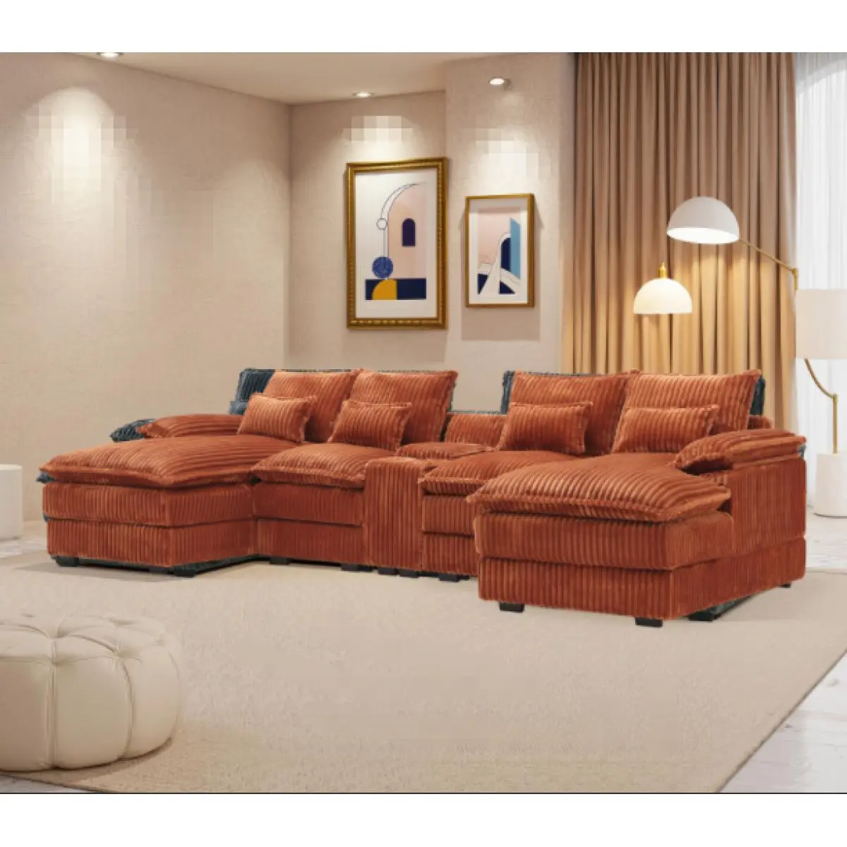 Aobtkel 120-inch five-piece U-shaped  with a center console coffee table and USB ports. Four pillows included. Suitable for spacious living rooms and meeting rooms. modern  couch corduroy velvet   sleeper Chenille   tiny zone comfy folding wholesale sale