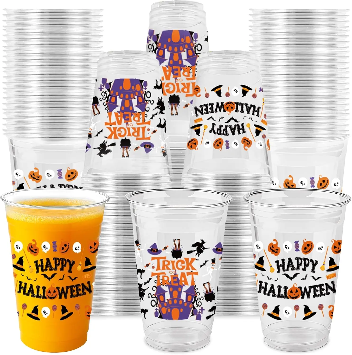 60PCS 16oz Halloween Cups – Disposable Plastic Happy Halloween and Trick or Treat Cups with 2 Unique Designs for Party Supplies, and Drinks