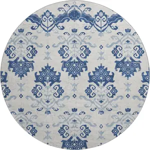 HomeRoots 663777 8 ft. Navy Blue & Ivory Medallion Transitional Washable Round Area Rug with UV Protection