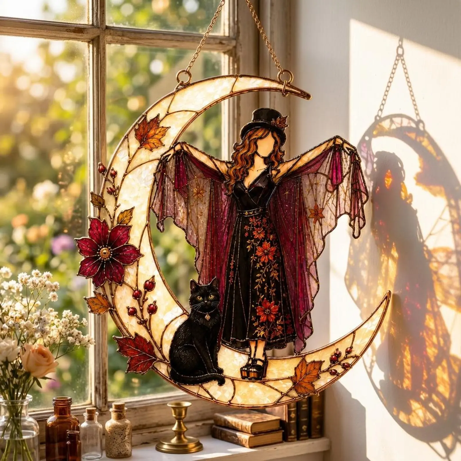Stevie Nicks Inspired Acrylic Suncatcher, Black Cat Boho Witchy Window Charm, Autumn Fall Floral Celestial Decor, Music Lover Gift