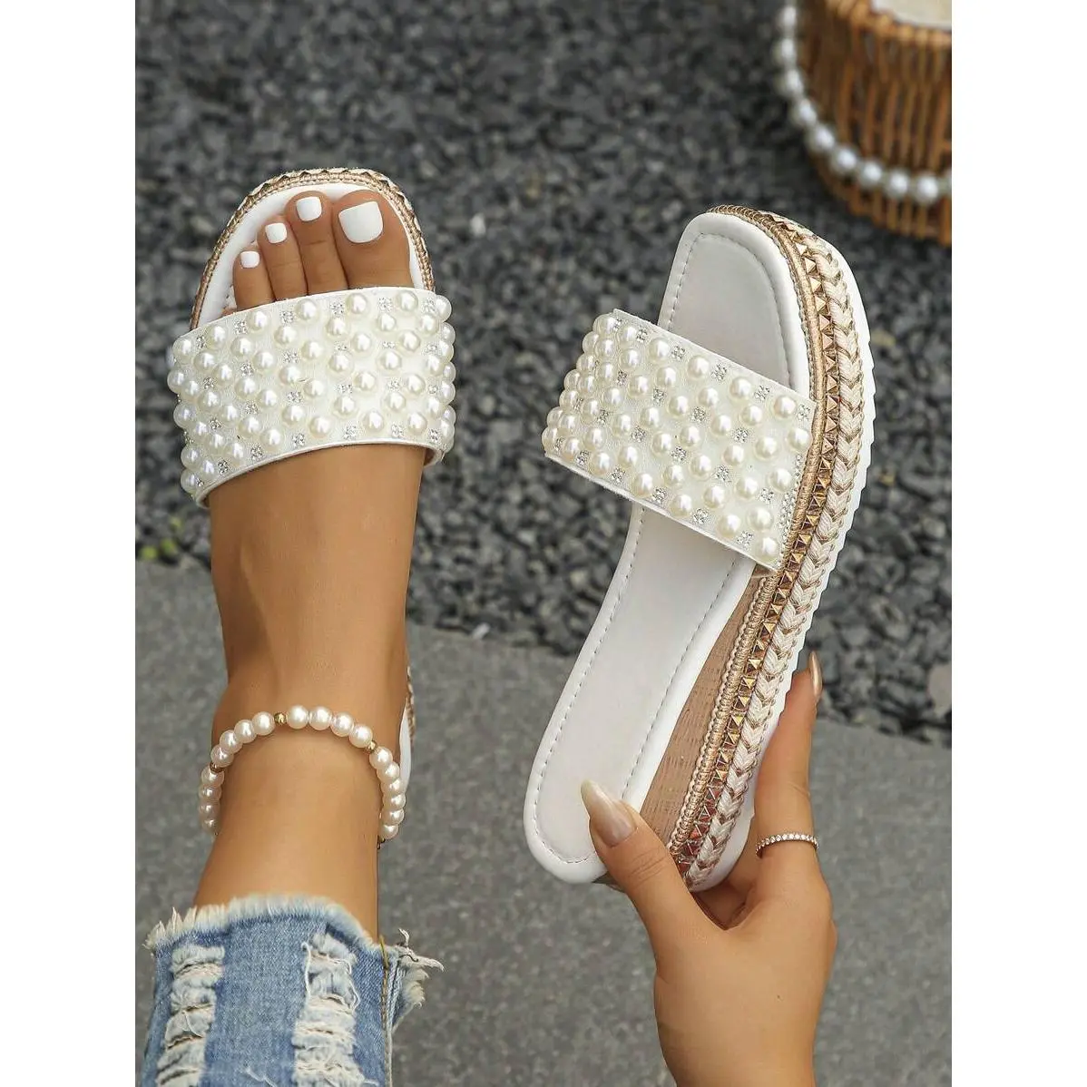 Women's Plus Size 36-42 Casual Platform Wedge Sandals - Black & Gold Plaid, Lightweight Comfortable Open-Toe Footwear, Boho Summer Sports Shoe, Boho Sandals, Casual Sandals