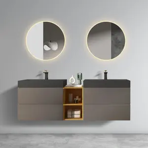 U096-ALICE72W-102 Alice 72" Space Gray Bathroom Vanity with Double Sinks and Open Shelf, Modern Wall Mounted Floating Bathroom Vanity, One-Piece Sink Basin without Drain and Faucet