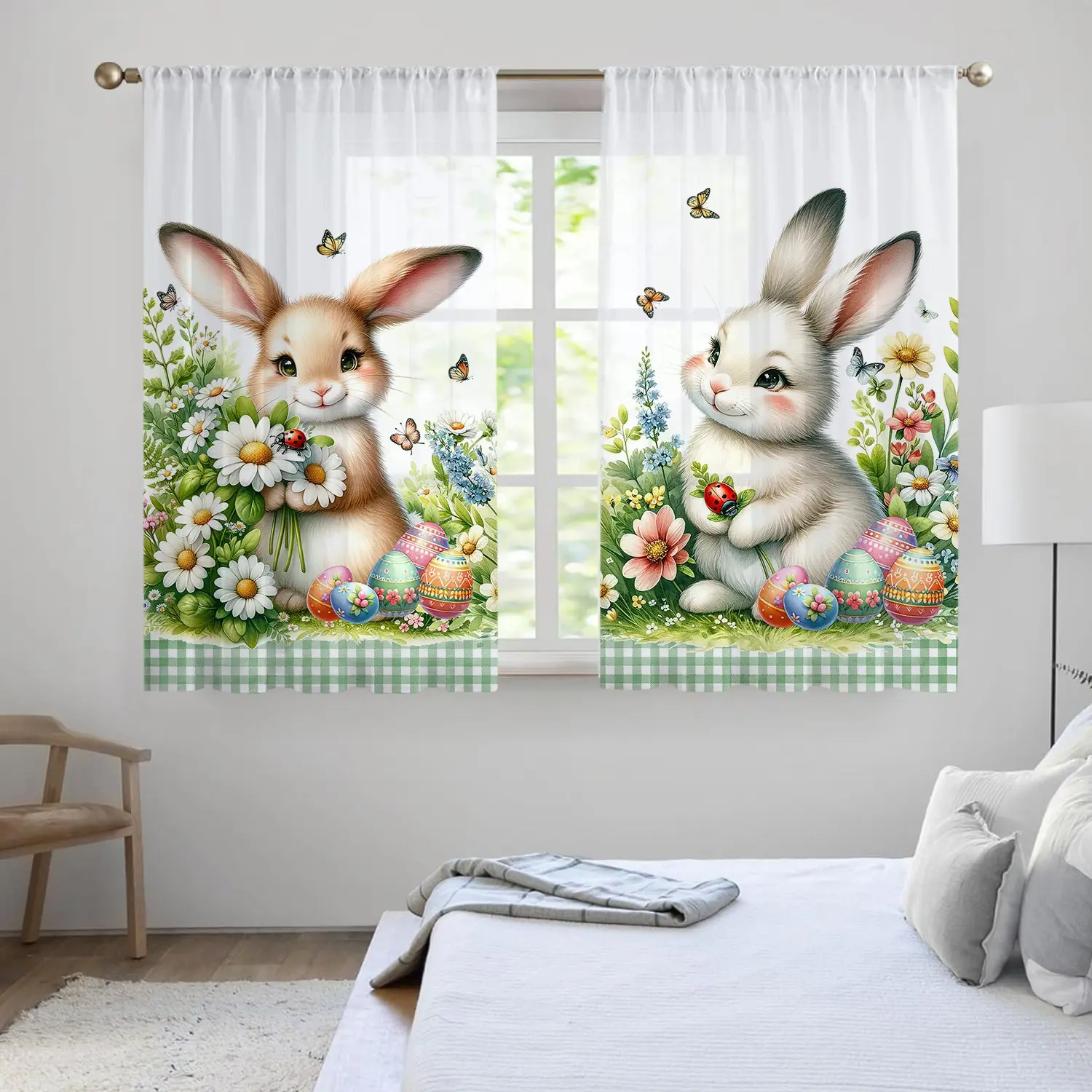 Easter Bunny Egg Floral Butterfly Sheer Curtains, Kitchen Short Window Curtain Rod Pocket Thin Sheer Cafe Curtains, 2pcs Set, Home Decoration Curtain Window Drapes, Curtain For Windows