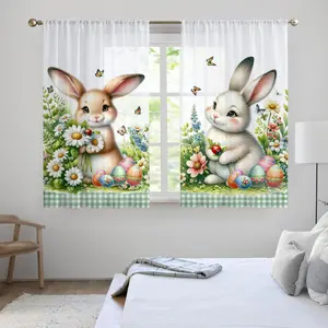 Easter Bunny Egg Floral Butterfly Sheer Curtains, Kitchen Short Curtain Rod Pocket Thin Sheer Cafe Curtains, 2pcs Set, Home Decoration Curtain