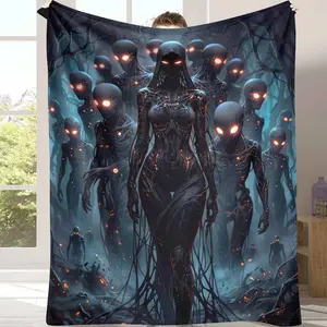 Dark Futuristic Android Queen Flannel Blanket， Cyber Gothic Art Print Design， Soft Cozy Lightweight Plush Throw for Bedroom， Living Room， Sofa， Office， Halloween Party， Gift for Sci Fi Lovers