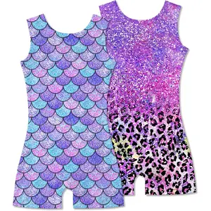 2 Packs Gymnastics Leotards for Girls Mermaid Leopard Dance Leotard Kids Biketard with Shorts
