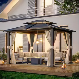 12 Ft. W x 10 Ft. D Hardtop Gazebo - Double Layered Roof Outdoor Gazebo, Dark Gray Weather-Resistant Canopy for Patio & Garden