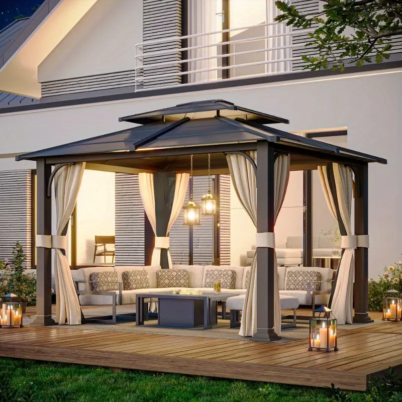 12 Ft. W x 10 Ft. D Hardtop Gazebo - Double Layered Roof Outdoor Gazebo, Dark Gray Weather-Resistant Canopy for Patio & Garden