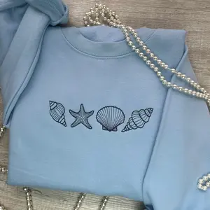Embroidered Sea Shells Sweatshirt -Summer Time Gift - Unisex Embroidered Sweatshirt, Trendy Crew Neck - Pullover , Beachy sweater .