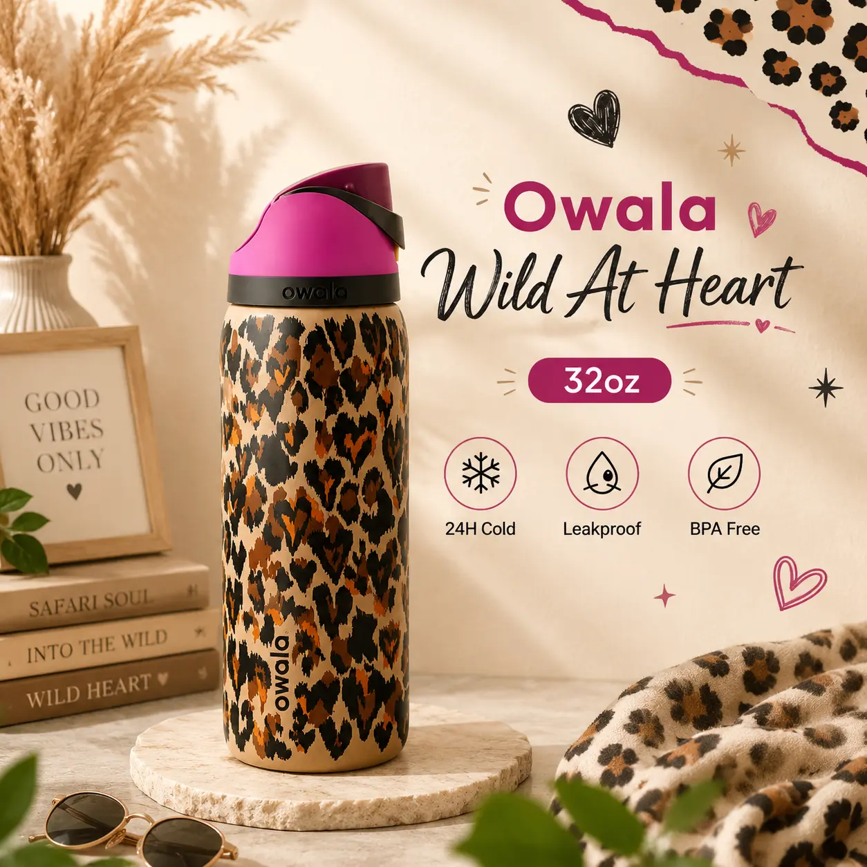 Owala 32oz FreeSip Insulated Water Bottle Wild at Heart Leopard Design, Stainless Steel Travel Tumbler with Dual Sip Straw Lid