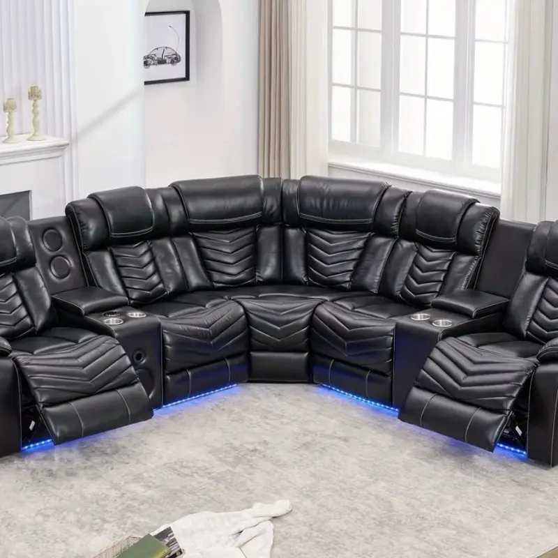 Reclining Sectional Gray Sofa LED Lights Speakers L-Shaped Sectional Couch