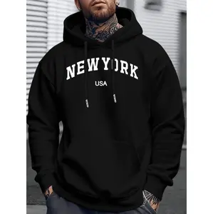 Men's Urban Streetwear Athletic Sweatshirt - New York USA Print, Long Sleeve Hooded, Casual Menswear, Winter Warmth, Everyday Comfort, Regular Fit, Durable Fabric
