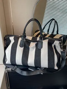 Autumn Winter Large Capacity Striped Handbag, Colorblock Versatile Shoulder Canvas Crossbody Bag, Short Trip Vacation Luggage Tote