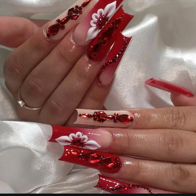 Long Square 3D White Camellia & Rhinestone Decor Fake Nail, 24pcs Glossy Press on Nails with Nail File & Nail Tape, Elegant Stick on Nails Kit, Decorative Nails, Diy Nail Art