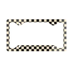 Checkerboard Metal License Plate Frame, Black and Off-white Grunge Design