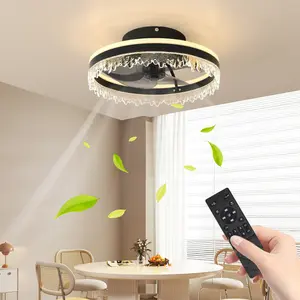 16" Hardwired Modern LED Fan with Light - Crystal Edge, Dimmable, Adjustable Color Temperature, Quiet Remote Control Ceiling Fan for Bedroom, Living Room, Black, Fan+Light