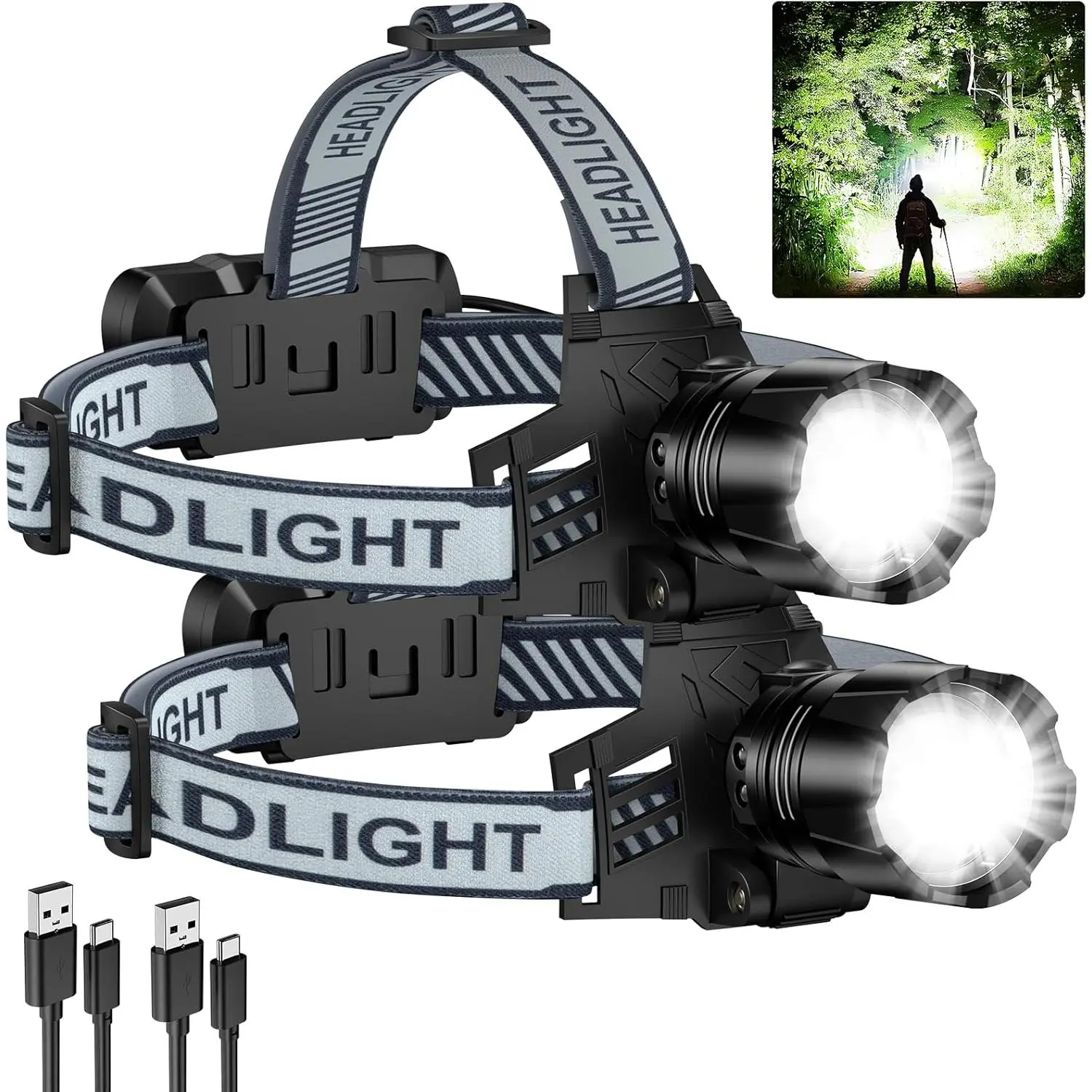 2Pack Headlamp Rechargeable, 99000 LM Super Bright LED  Lamp with 3 Modes, 90? Adjustable  Lights for Forehead, 20+Hrs Runtime & IPX6  HeadLamps for Camping Running