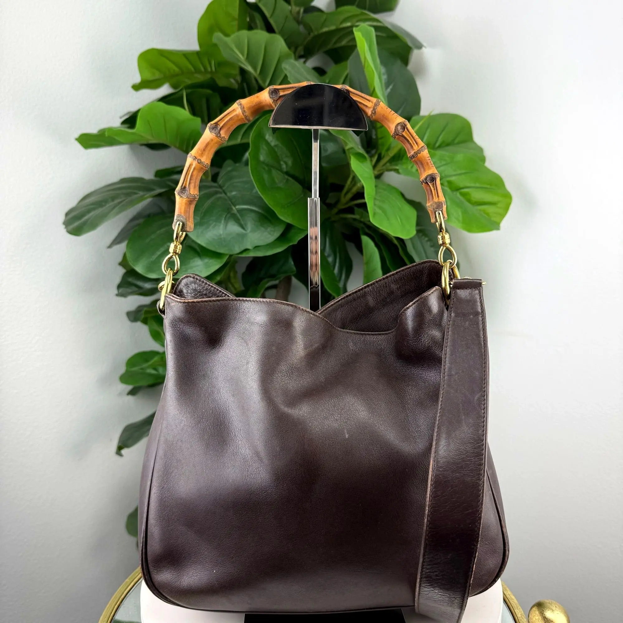 Pre-owned Brown Leather Shoulder Bags Authentic Vintage Gucci Bamboo Handle Shoulder Bag