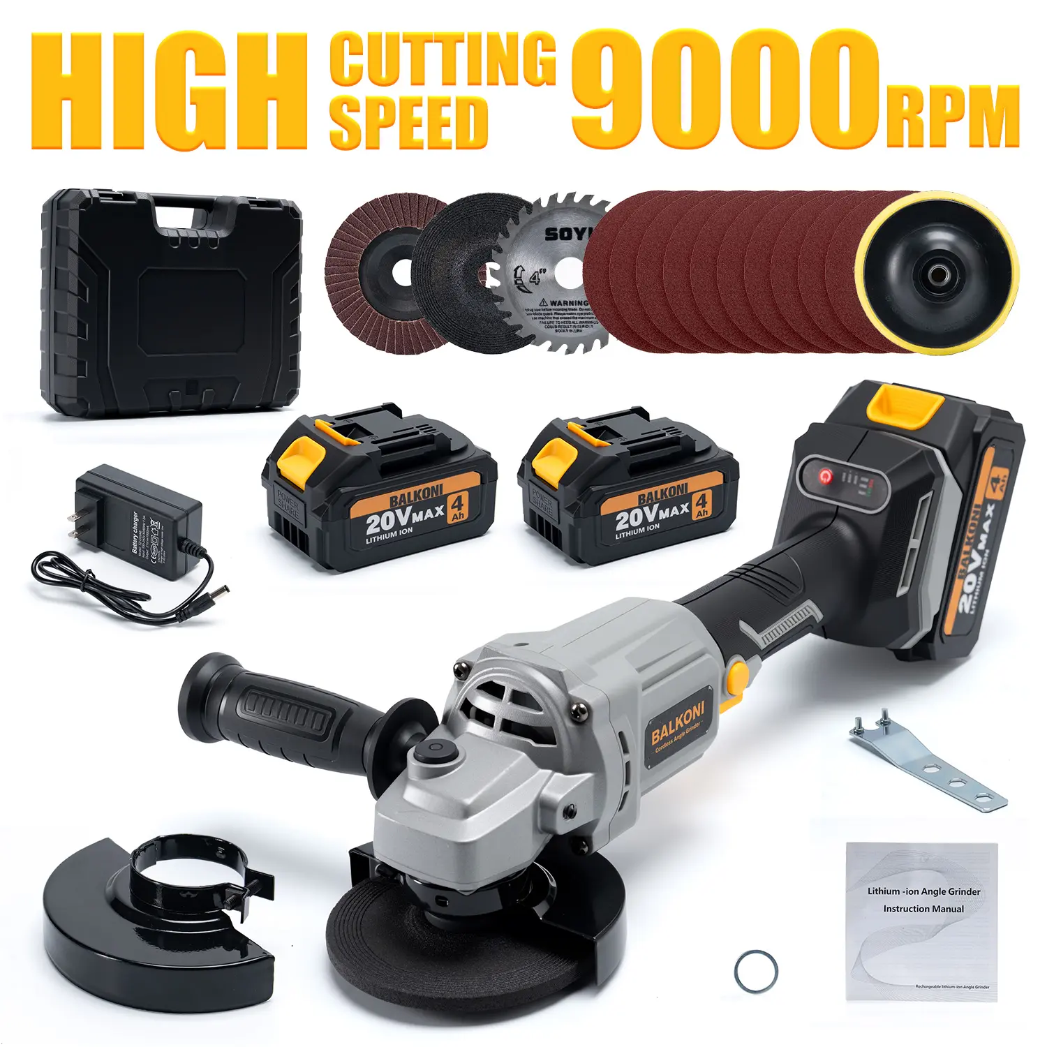 Cordless Angle Grinder With Battery & Extensive Accessories,Brushless Motor, No Load Speed: 9000r/min MAX, 3-Adjustable Speed Settings, Compact Design Perfect For Grinding And Polishing