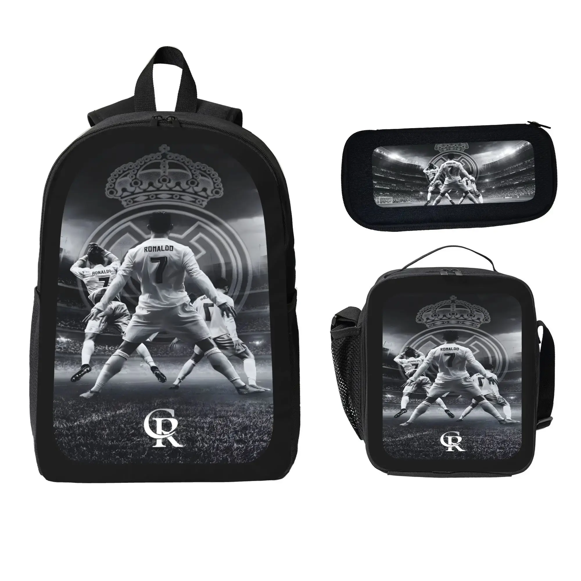 CR7 Print 3-Piece Athletic Backpack Set for 12-13 Years Students, Back to School Haul Bag with Soccer Player Pattern, Padded Straps, Insulated Lunch Box, Built-In Organizer (2026-2027), Campus Life, Football Fashion, Sporty Chic