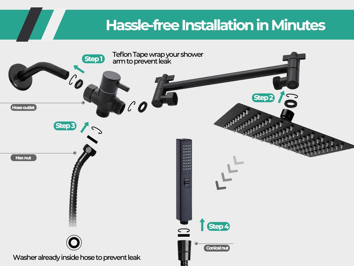 Shower Head Combo, 10 Inch High Pressure Rain Shower Head, Adjustable Extension Arm, Spray with Long Hose & Tools, Shower Equipment for Home Springtok