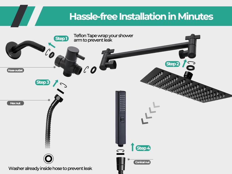 Shower Head Combo,10 Inch High Pressure Rain Shower Head，Adjustable Extension Arm, Spray with Long Hose & Tools, Shower Equipment for Home Springtok