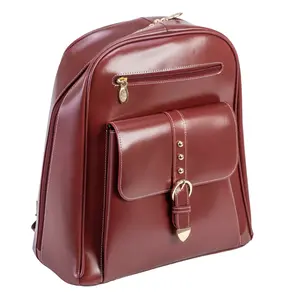 360 Stand McKlein 99556 14.5 in. Top Grain Leather Madison Business Laptop & Tablet Backpack - Red, Belt Detail, Magnetic Clasp, Zipper Lock