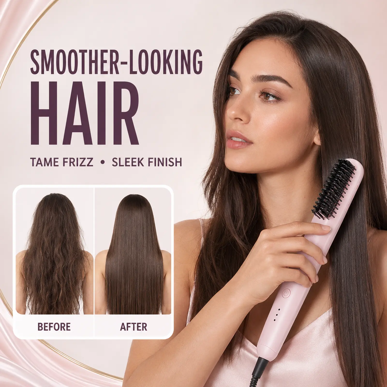 Heated Hair Straightening Brush, Electric Hot Comb with 3 Heat Settings, Anti-Scald Design and 60-Min Auto Shut-Off, Portable Hair Styler for Smooth, Sleek Hair