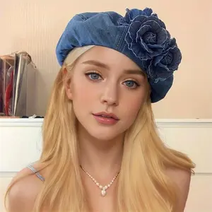 Chic Denim Beret with 3D Floral Embellishment – Stylish Foldable Women’s Painter Hat in Blue and White Color Block, Perfect for Casual or Formal Occasions