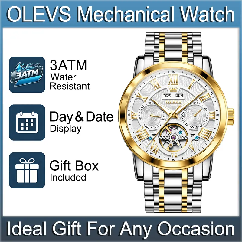 Premium Business OLEVS 6668 Automatic Mechanical Watch for Men, Skeleton Multi-Function Wristwatch, Year Month Week Date Display, Luminous Stainless Steel Watch, Daily Splash Resistant, Ideal Gift for Him