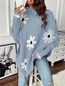 【plus size】 women's floral pattern cloak sleeve sweater, casual long sleeve turtle neck jumper for fall & winter, women's clothing for daily wear