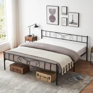 【Christmas Gift】Black King Size Bed Frame with Storage Metal Bed Frame with Vintage Pattern Headboard and Footboard Mattress Foundation Easy Assembly