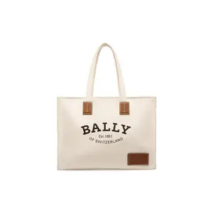 Bally French Commuter Logo Print Fabric and Leather Tote Bag for Women in Beige