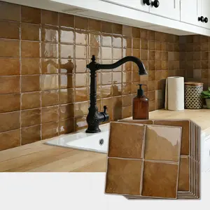 Japanese retro antique style brown epoxy resin glossy three-dimensional self-adhesive tile stickers, peel and stick, firm, waterproof, wear-resistant, splash-proof panels, suitable for kitchen, bathroom, living room, bedroom, fireplace, 15.25x15.25cm